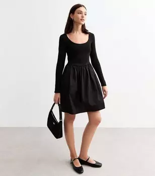 Черное мини-платье из поплина с овальным вырезом и длинными рукавами New Look, черный