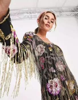 Черное мини-платье Miss Selfridge Premium с длинными рукавами, цветочным принтом и кисточками