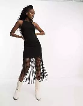Черное мини-платье Miss Selfridge Racer Festival с бахромой по низу
