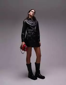 Черное мини-платье-рубашка из мягкой искусственной кожи Topshop