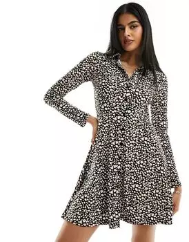 Черное мини-платье-рубашка с длинными рукавами и цветочным принтом New Look