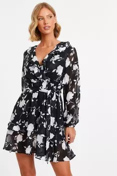 Черное мини-платье с цветочным принтом и оборками QUIZ Clothing
