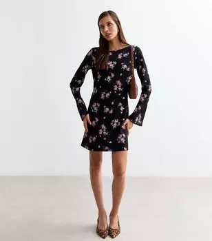 Черное мини-платье с длинным рукавом и цветочным принтом New Look, черный