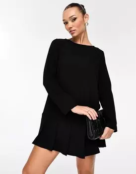Черное мини-платье с длинными рукавами, складками и заниженной талией ASOS DESIGN
