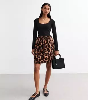 Черное мини-платье с длинными рукавами и леопардовым принтом New Look, черный