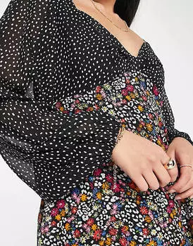 Черное мини-платье с длинными рукавами и цветочным принтом New Look