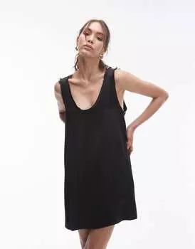 Черное мини-платье с глубоким V-образным вырезом и необработанным краем Topshop