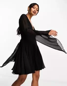 Черное мини-платье с годе и асимметричными рукавами ASOS