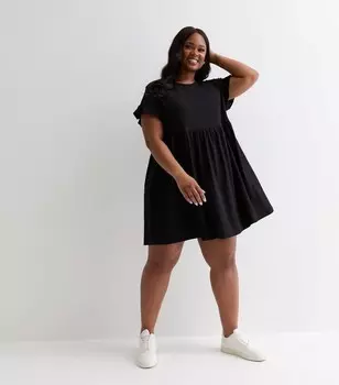 Черное мини-платье с короткими рукавами и оборками Curves New Look, черный