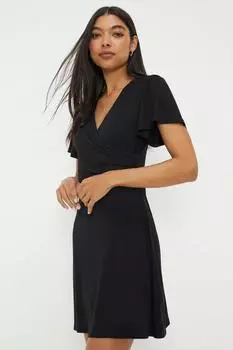 Черное мини-платье с развевающимися рукавами и запахом Dorothy Perkins, черный