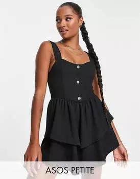 Черное мини-платье с ремешками, юбкой ра-ра и пуговицами ASOS DESIGN Petite