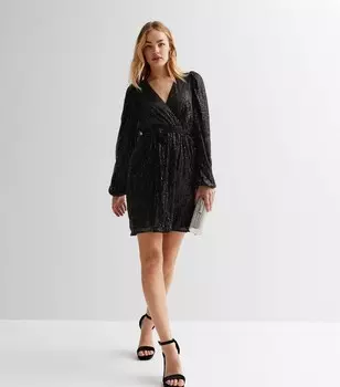 Черное мини-платье с запахом и поясом Gini London, черное с V-образным вырезом и длинными рукавами и пайетками Gini London, черный