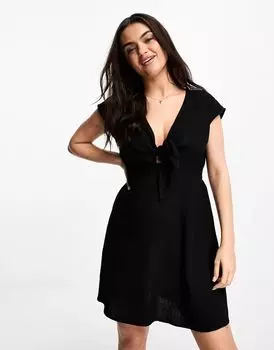 Черное мини-платье с завязками спереди и льняной отделкой Vero Moda