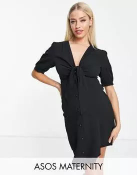 Черное мини-платье с завязками спереди и пуговицами ASOS DESIGN Maternity