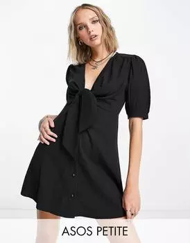 Черное мини-платье с завязками спереди и пуговицами ASOS DESIGN Petite