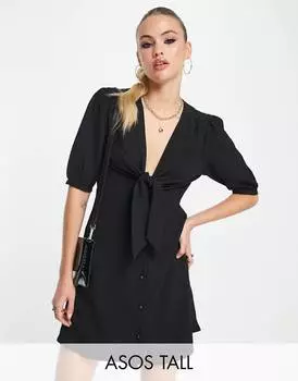 Черное мини-платье с завязками спереди и пуговицами ASOS DESIGN Tall
