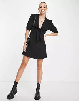 Черное мини-платье с завязкой на пуговицах спереди ASOS DESIGN Tall