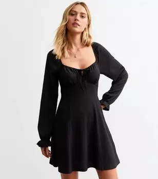 Черное мини-платье с жатым длинным рукавом и квадратным вырезом New Look, черный