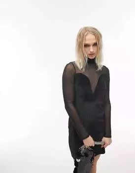 Черное мини-платье силуэта из бархата и сетки Topshop
