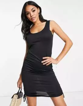 Черное мини-платье со сборками и потертостями на завязках по бокам Threadbare