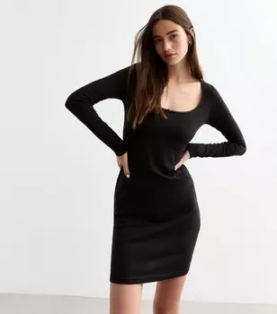 Черное мини-платье в рубчик с длинными рукавами New Look, черный
