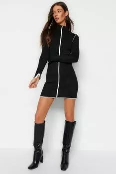 Черное мини-трикотажное платье контрастного цвета Trendyol, черный