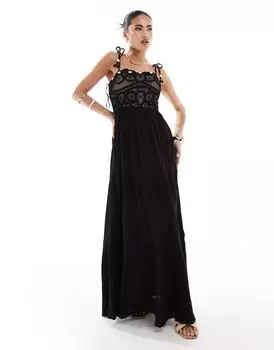 Черное многоярусное платье макси с верхом, связанным крючком, River Island