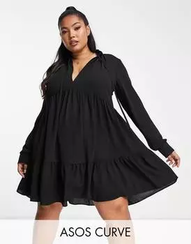Черное многоярусное платье мини со складками ASOS DESIGN Curve Curve