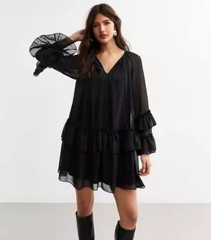 Черное многоярусное шифоновое мини-платье с рюшами New Look, черный