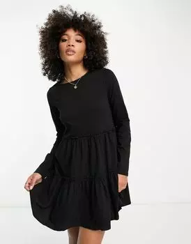 Черное многоярусное свободное платье-футболка мини с длинными рукавами River Island