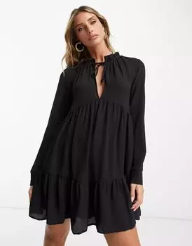 Черное многоярусное свободное платье мини с высоким воротником и оборками ASOS