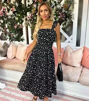 Черное многоуровневое платье миди с крапчатым принтом AX Paris AX Paris, черный