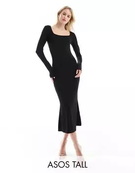Черное мягкое платье миди с квадратным вырезом и длинными рукавами ASOS DESIGN Tall