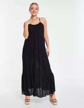 Черное мятое пляжное платье макси с заниженным подолом ASOS DESIGN