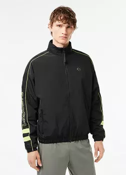 Черное мужское пальто с высоким воротником и принтом Lacoste