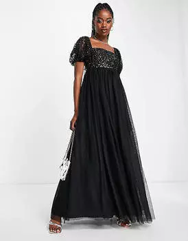 Черное нежное платье макси с пышными рукавами и пайетками Maya