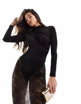 Черное облегающее боди с драпировкой и длинными рукавами ASOS