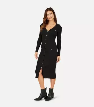 Черное облегающее платье миди Mela в рубчик с длинными рукавами и пуговицами спереди Mela, черный