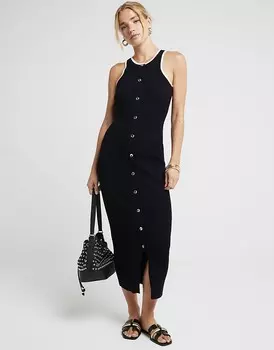 Черное облегающее платье миди в рубчик с тесьмой River Island
