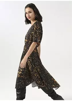 Черное-оранжевое женское платье миди с V-образным вырезом и градиентом Fabrika