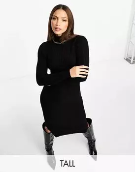 Черное осеннее вязаное платье миди с высоким воротником в рубчик Threadbare Tall