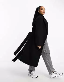 Черное пальто средней длины ASOS DESIGN Curve с завязкой на талии