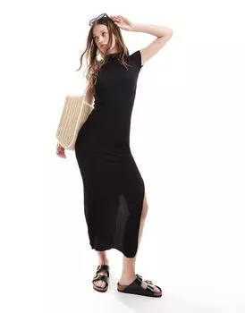 Черное персиковое платье миди с короткими рукавами и фактурным топом ASOS DESIGN