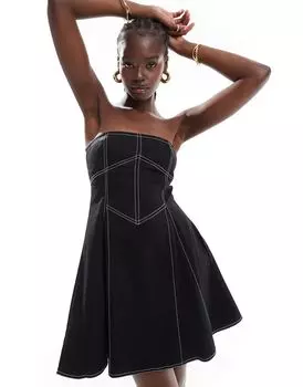 Черное платье-бандо из твила ASOS DESIGN с контрастной строчкой