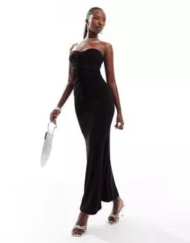 Черное платье-бандо со сборками и рюшами ASOS DESIGN