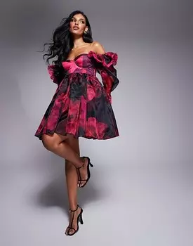 Черное платье для кукол с чашечками и оборками из органзы ASOS LUXE с кружевными деталями