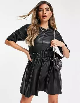Черное платье-футболка мини-футболка с поясом ASOS DESIGN
