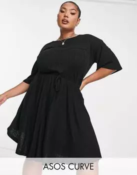 Черное платье-футболка мини с кулиской на талии и крючком ASOS DESIGN Curve