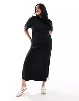 Черное платье-футболка средней длины ASOS DESIGN Curve со сборками по бокам и круглым вырезом