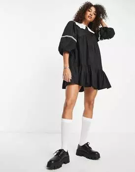 Черное платье-халат из поплина с контрастным воротником Reclaimed Vintage